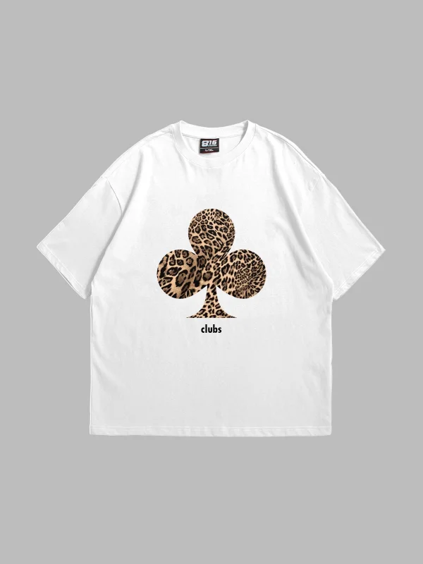 Clubs Leopar Baskılı Oversize Unisex Premium Beyaz Tshirt
