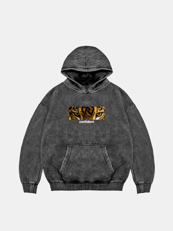 Confident Baskılı Oversize Unisex Premium Yıkamalı Siyah Hoodie