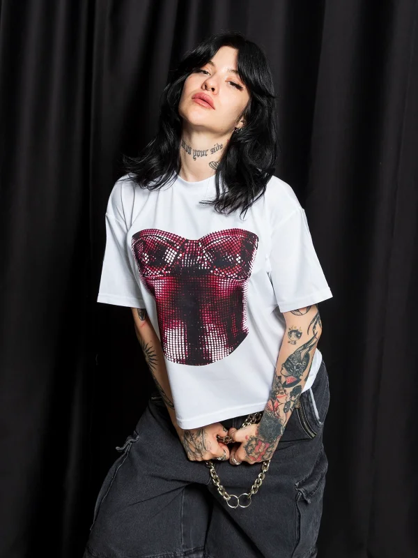Corset Baskılı Relaxed Fit Beyaz Kadın Tshirt