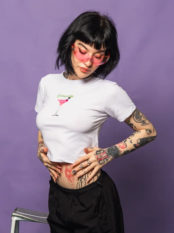 Cosmopolitan Baskılı Beyaz Crop Top