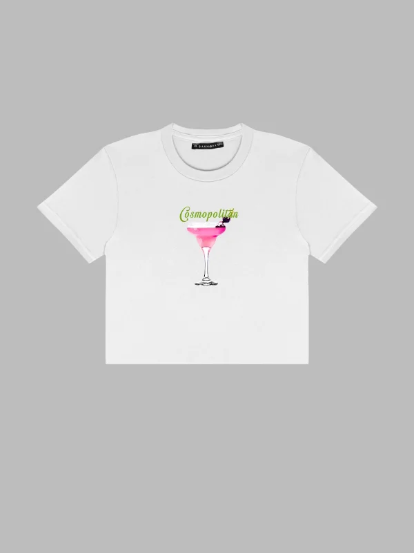 Cosmopolitan Baskılı Beyaz Crop Top