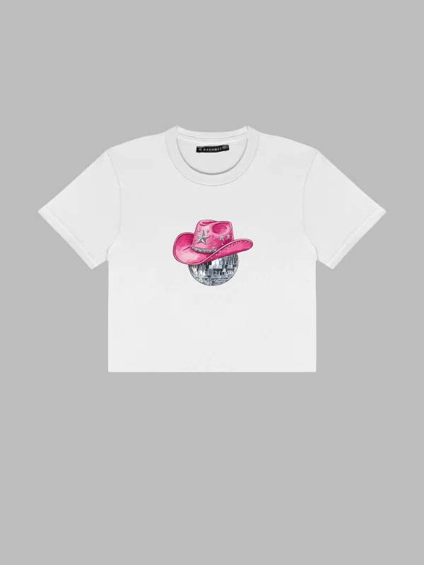 Cow Girl Baskılı Beyaz Crop Top