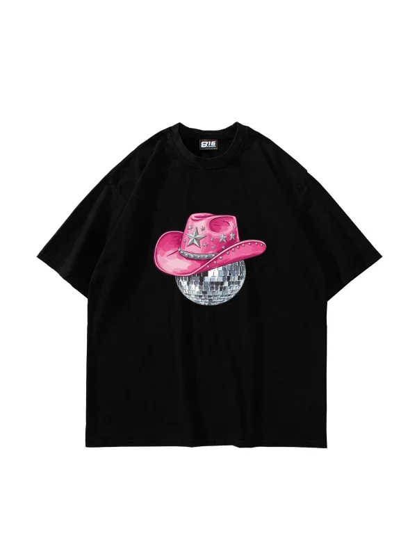 Cow Girl Baskılı Oversize Unisex Siyah Tshirt