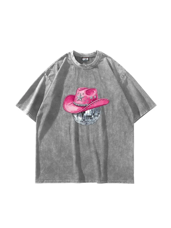 Cow Girl Baskılı Oversize Unisex Yıkamalı Beyaz Tshirt