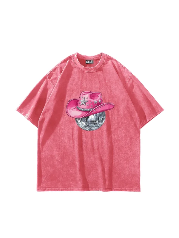 Cow Girl Baskılı Oversize Unisex Yıkamalı Pembe Tshirt