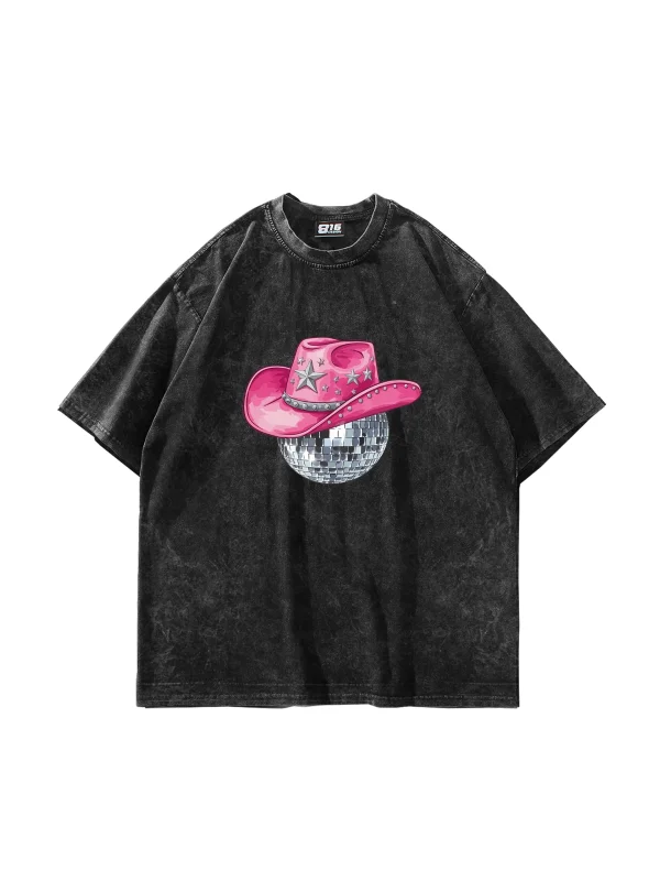Cow Girl Baskılı Oversize Unisex Yıkamalı Siyah Tshirt