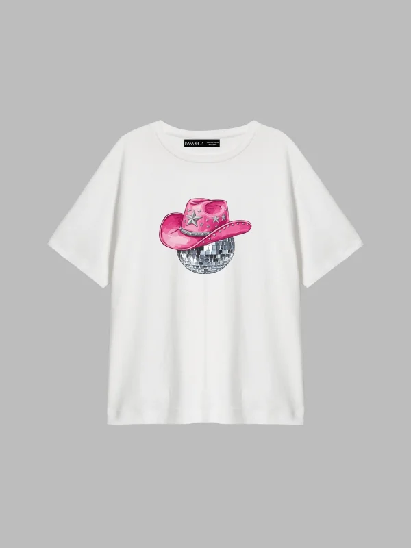 Cow Girl Baskılı Relaxed Fit Beyaz Kadın Tshirt