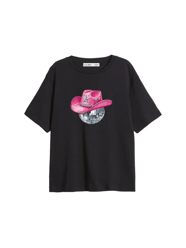 Cow Girl Baskılı Relaxed Fit Siyah Kadın Tshirt