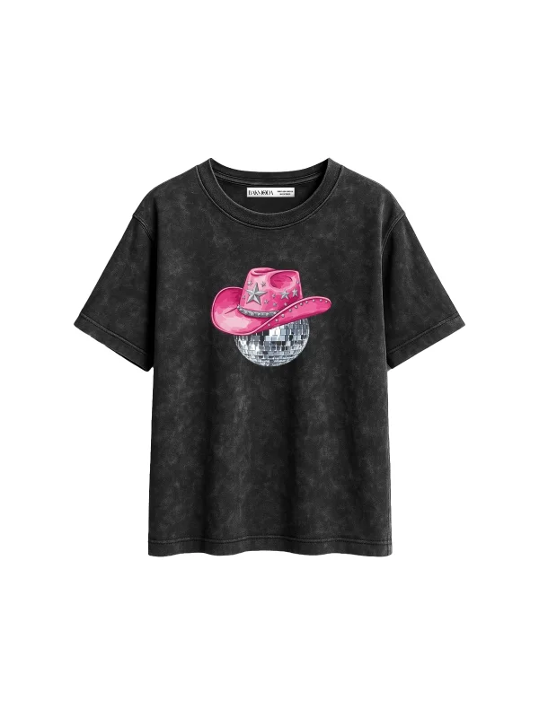 Cow Girl Baskılı Relaxed Fit Yıkamalı Siyah Kadın Tshirt