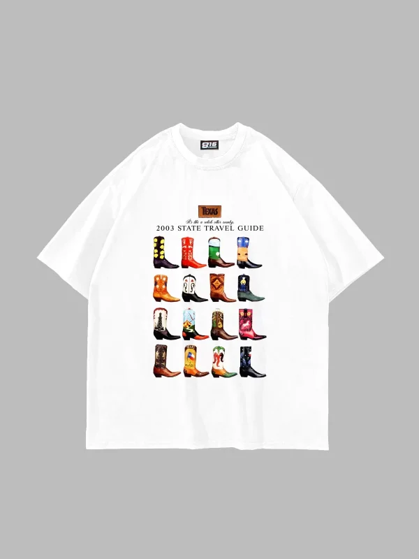 Cowboy Boots Baskılı Oversize Unisex Beyaz Tshirt
