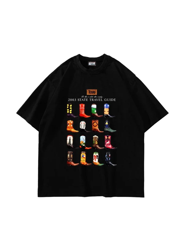 Cowboy Boots Baskılı Oversize Unisex Siyah Tshirt