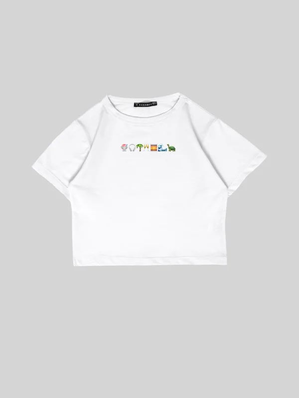 Cozy Emoji Baskılı Beyaz Crop Top