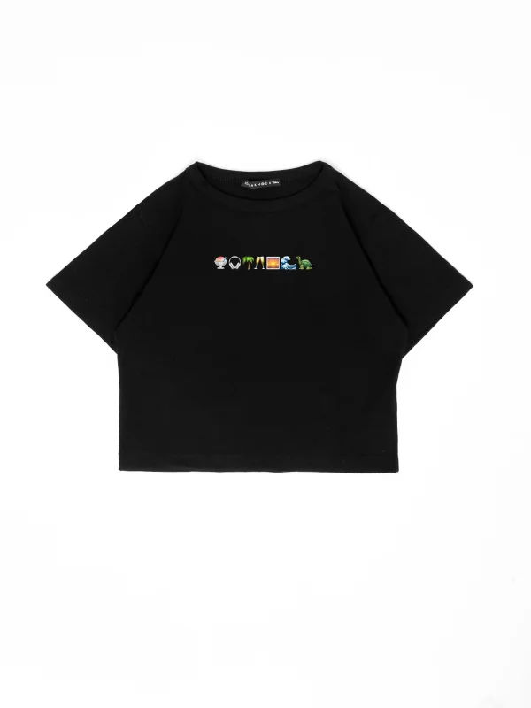 Cozy Emoji Baskılı Siyah Crop Top
