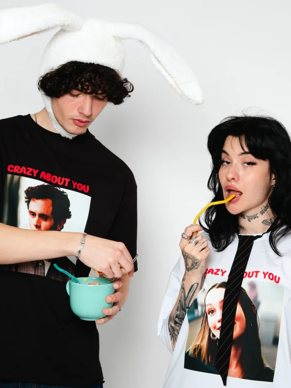 Crazy About You Joe Baskılı Oversize Unisex Siyah Tshirt