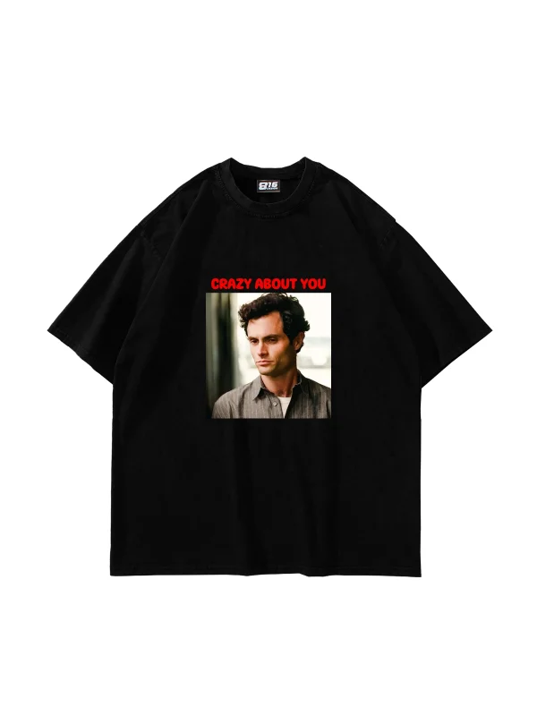 Crazy About You Joe Baskılı Oversize Unisex Siyah Tshirt
