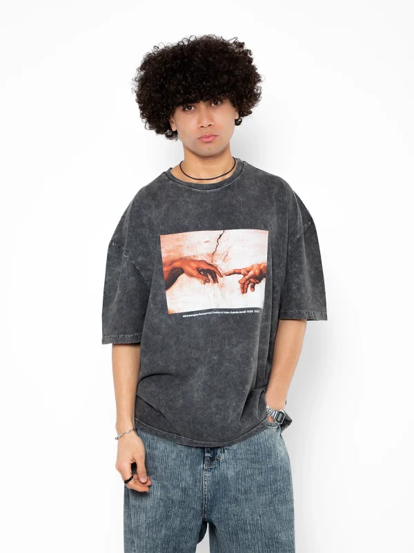 Creation of Adam Baskılı Oversize Unisex Yıkamalı Siyah Tshirt