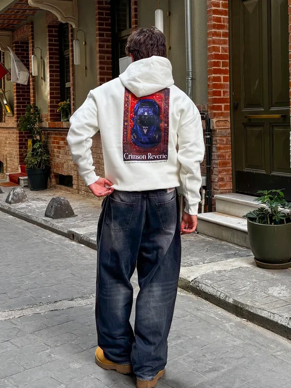 Crimson Reverie Baskılı Oversize Unisex Beyaz Hoodie