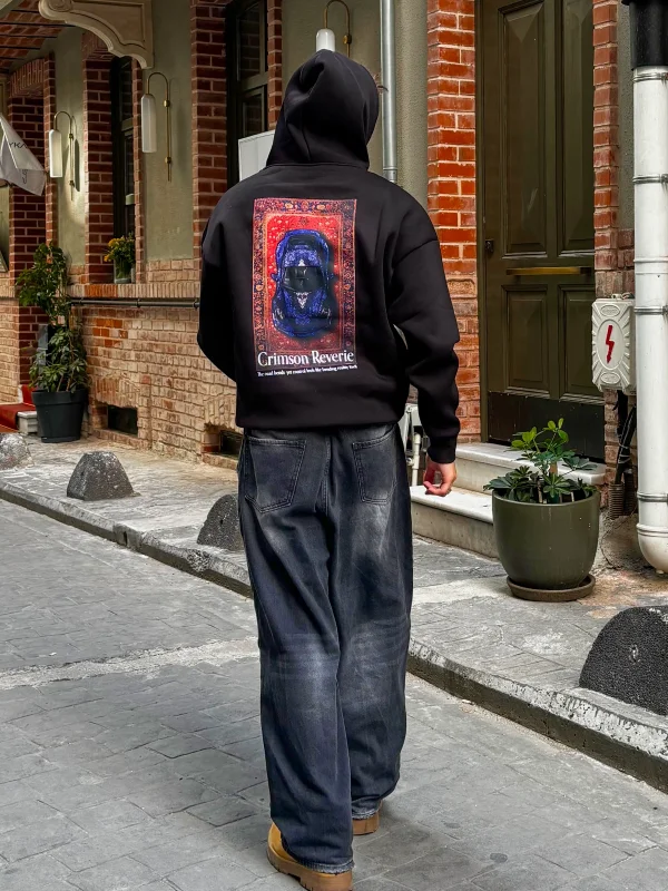 Crimson Reverie Baskılı Oversize Unisex Siyah Hoodie