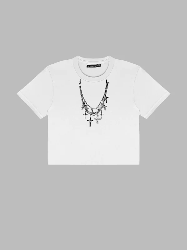 Cross Necklace Baskılı Beyaz Crop Top