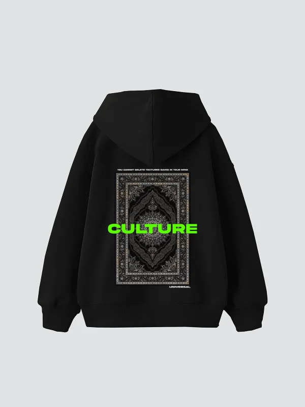 Culture Etnik Baskılı Oversize Unisex Premium Siyah Hoodie