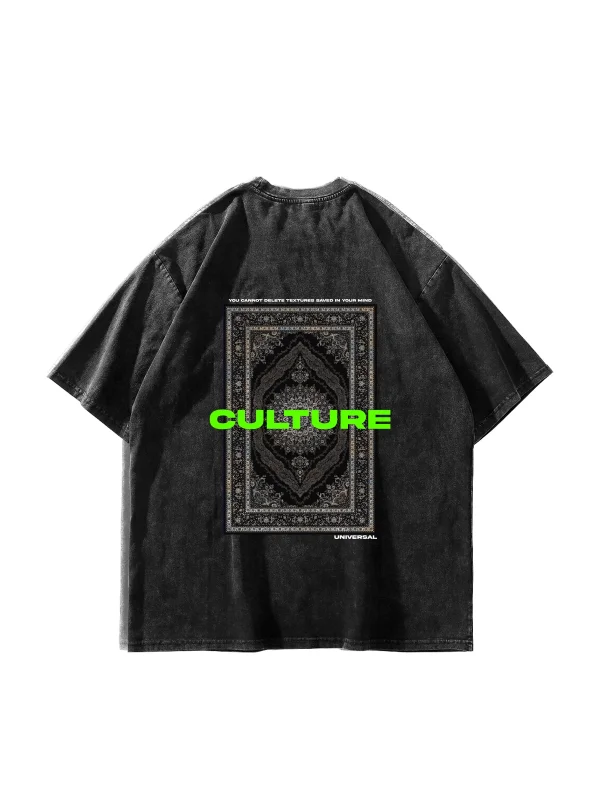 Culture Etnik Baskılı Oversize Unisex Premium Yıkamalı Siyah Tshirt
