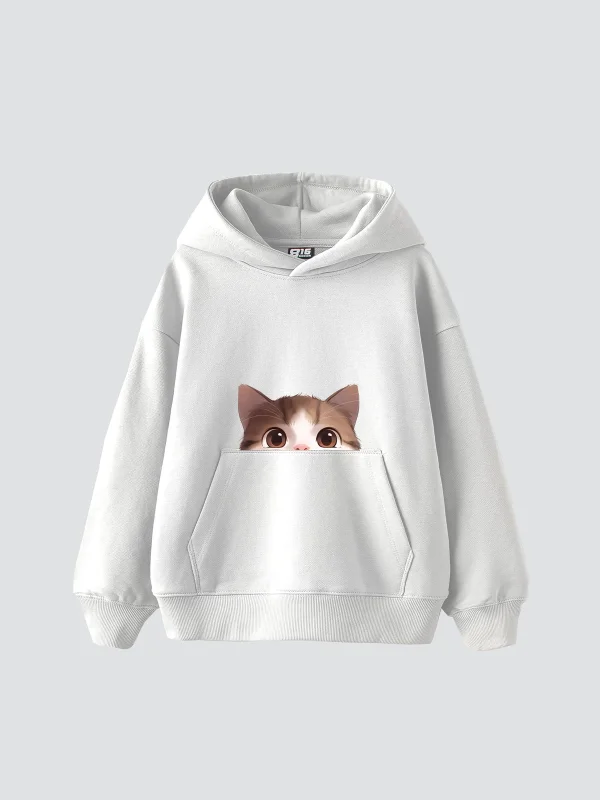 Cute Cat Baskılı Oversize Unisex Premium Beyaz Hoodie