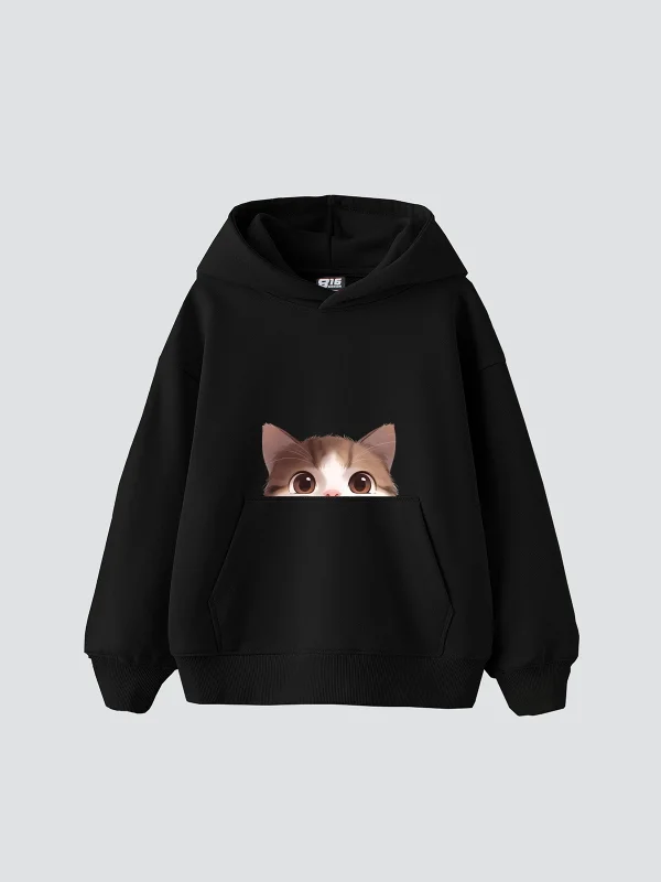 Cute Cat Baskılı Oversize Unisex Premium Siyah Hoodie