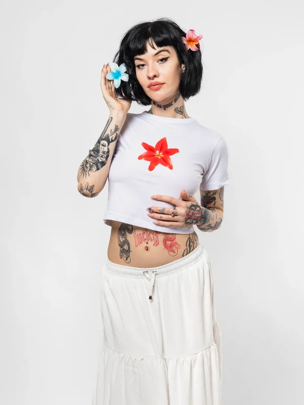 Cute Çiçek Baskılı Beyaz Crop Top