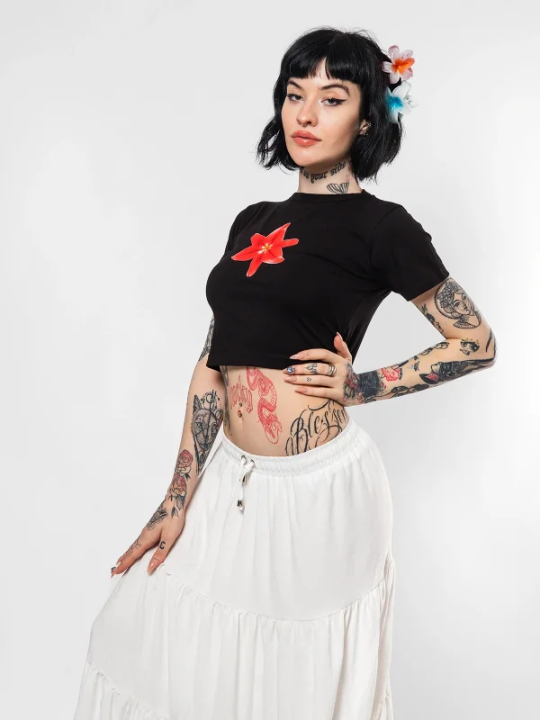 Cute Çiçek Baskılı Siyah Crop Top