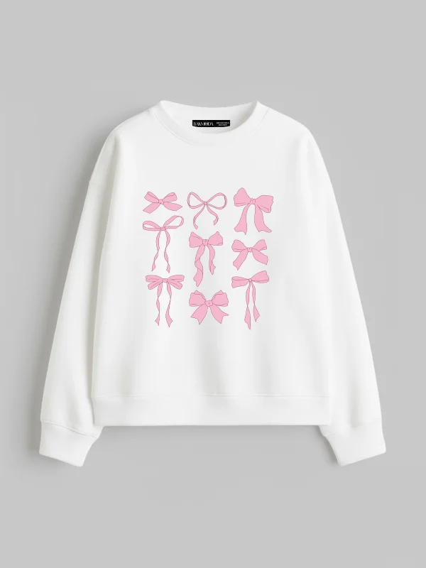 Cute Fiyonk Baskılı Kapüşonsuz Relaxed Fit Kadın Beyaz Sweatshirt