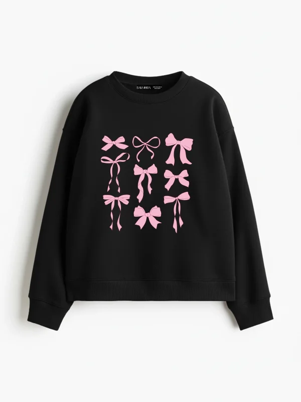 Cute Fiyonk Baskılı Kapüşonsuz Relaxed Fit Kadın Siyah Sweatshirt