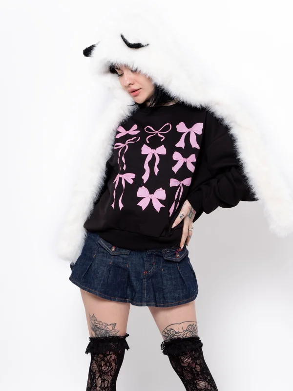 Cute Fiyonk Baskılı Kapüşonsuz Relaxed Fit Kadın Siyah Sweatshirt