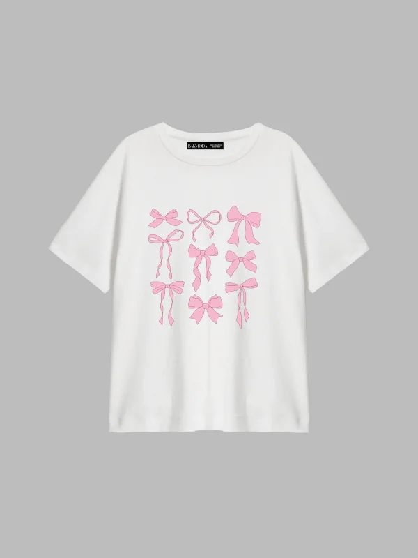 Cute Fiyonk Baskılı Relaxed Fit Beyaz Kadın Tshirt