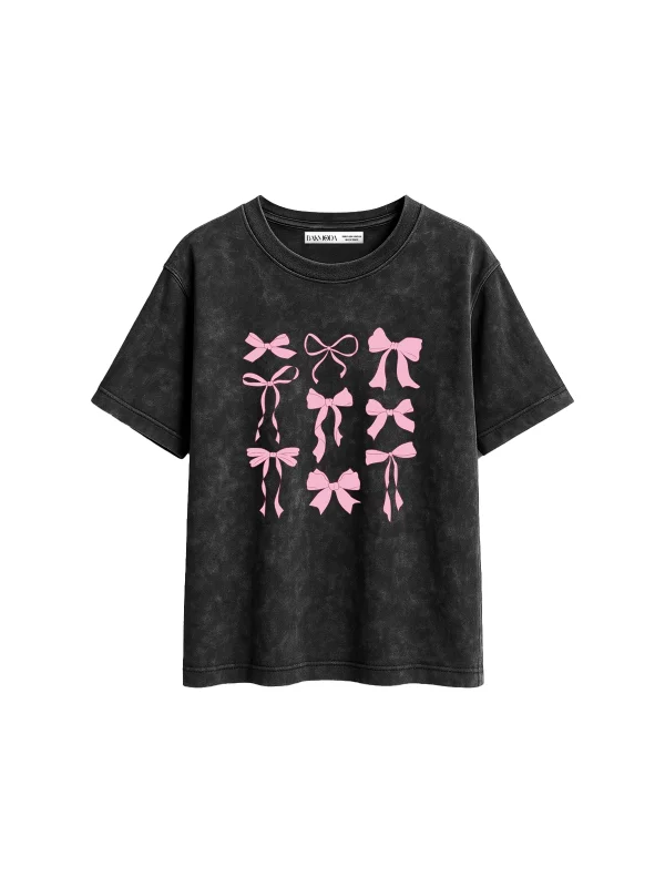 Cute Fiyonk Baskılı Relaxed Fit Yıkamalı Siyah Kadın Tshirt