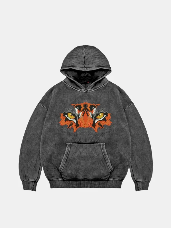 Tiger Eyes1 Baskılı Oversize Unisex Premium Yıkamalı Siyah Hoodie