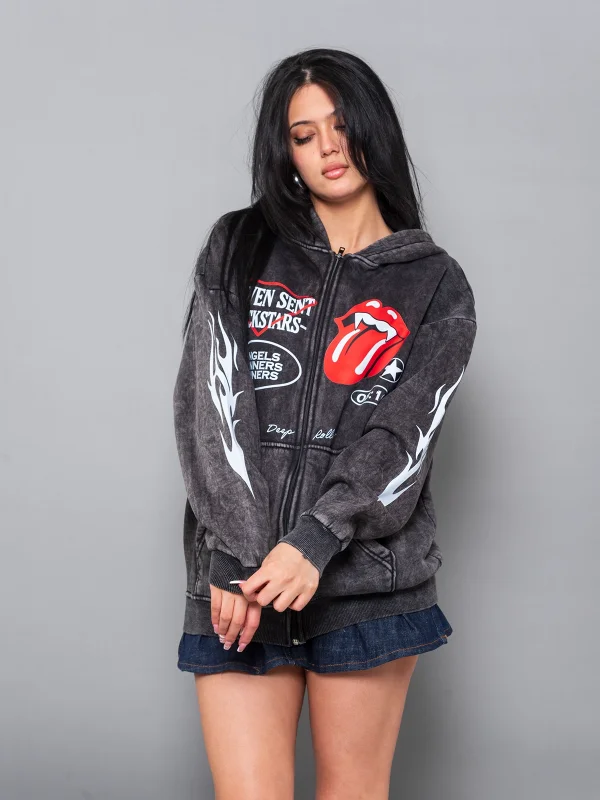 Deep Rolling Baskılı Fermuarlı Zip Kapüşonlu Unisex Yıkamalı Siyah Sweatshirt