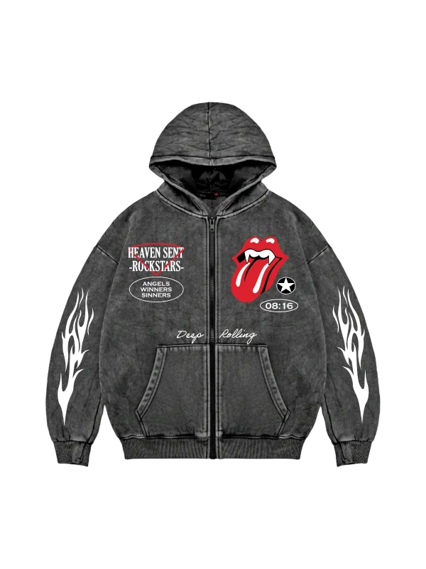 Deep Rolling Baskılı Fermuarlı Zip Kapüşonlu Unisex Yıkamalı Siyah Sweatshirt