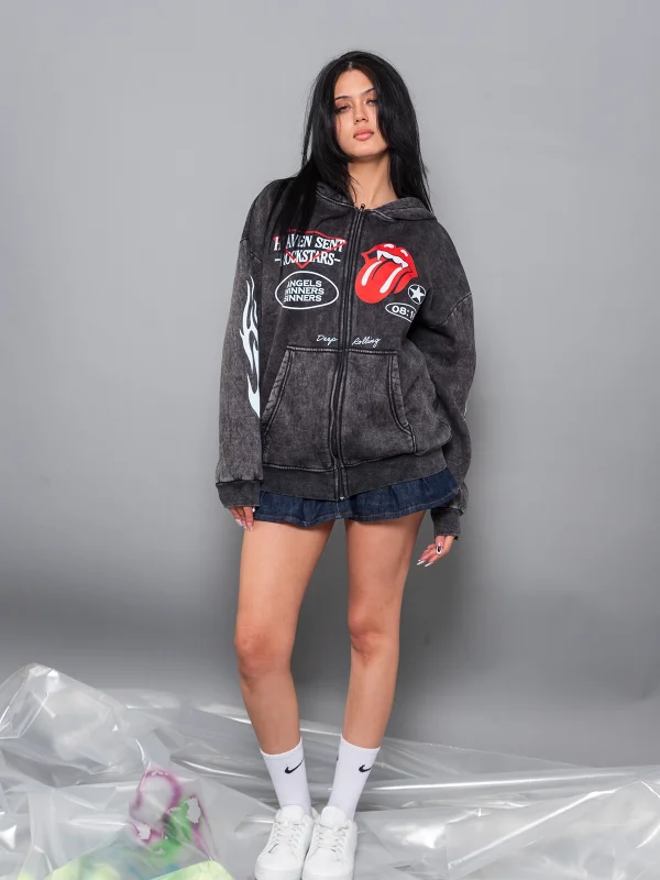 Deep Rolling Baskılı Fermuarlı Zip Kapüşonlu Unisex Yıkamalı Siyah Sweatshirt
