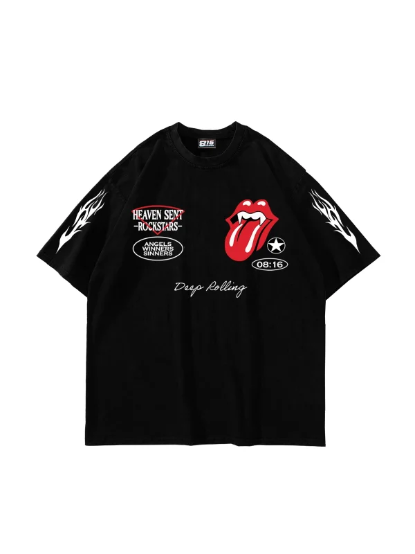 Deep Rolling Baskılı Oversize Unisex Siyah Tshirt