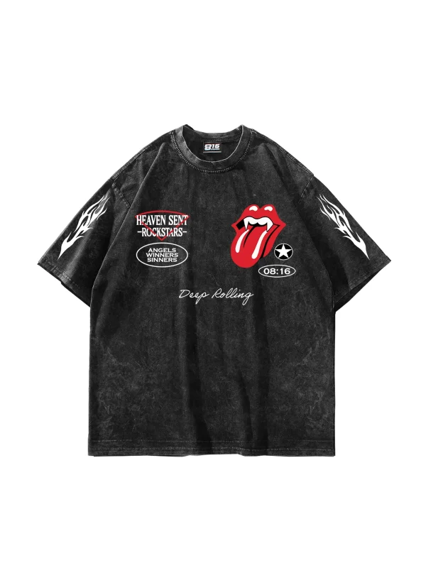 Deep Rolling Baskılı Oversize Unisex Yıkamalı Siyah Tshirt