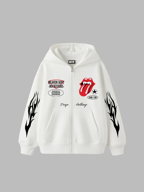 Deep Rolling Fermuarlı Zip Kapüşonlu Unisex Beyaz Sweatshirt