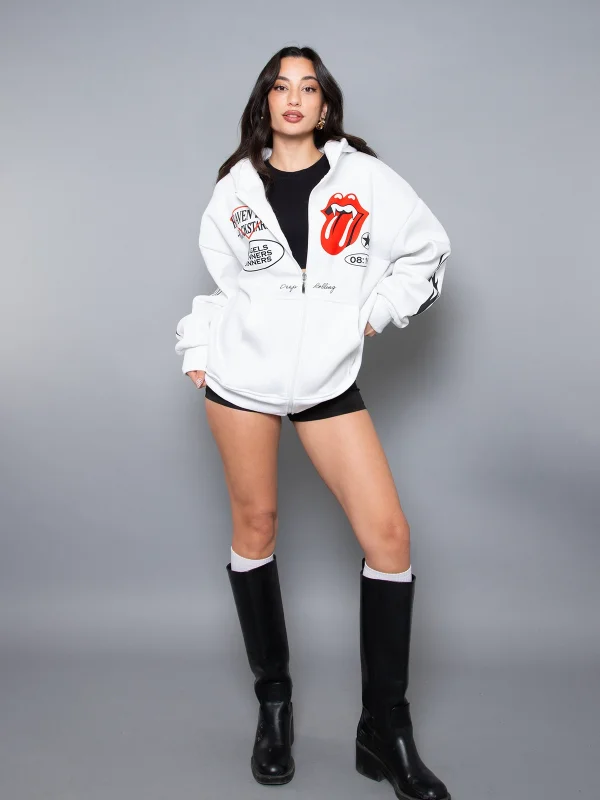 Deep Rolling Fermuarlı Zip Kapüşonlu Unisex Beyaz Sweatshirt