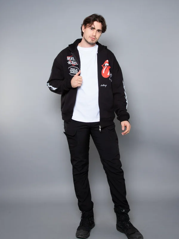 Deep Rolling Fermuarlı Zip Kapüşonlu Unisex Siyah Sweatshirt