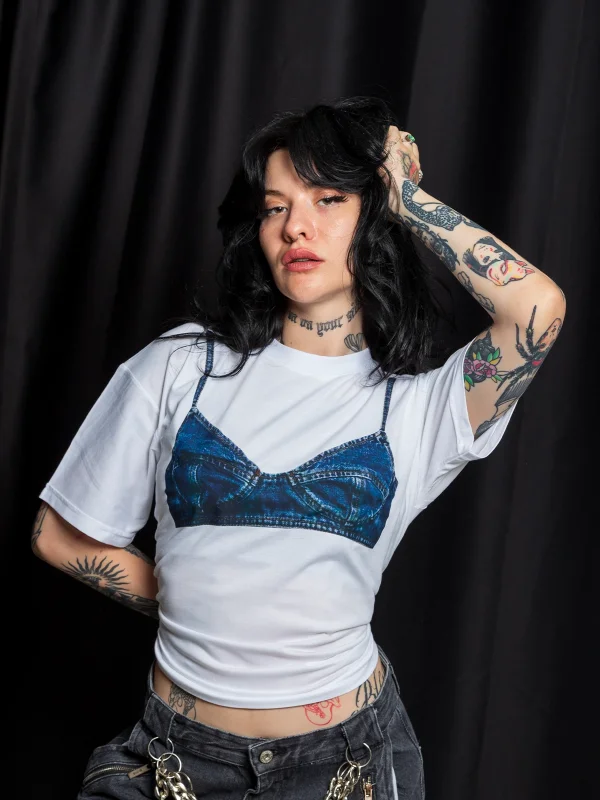 Denim Bra Baskılı Relaxed Fit Beyaz Kadın Tshirt
