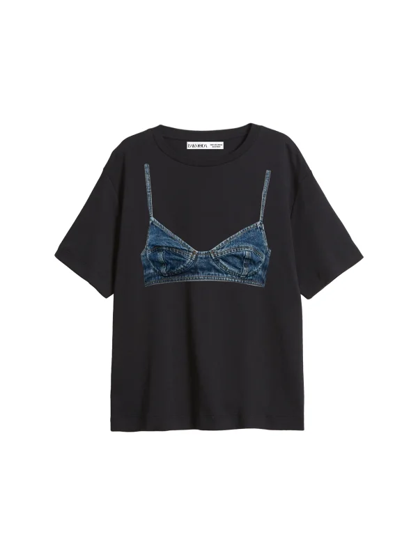 Denim Bra Baskılı Relaxed Fit Siyah Kadın Tshirt