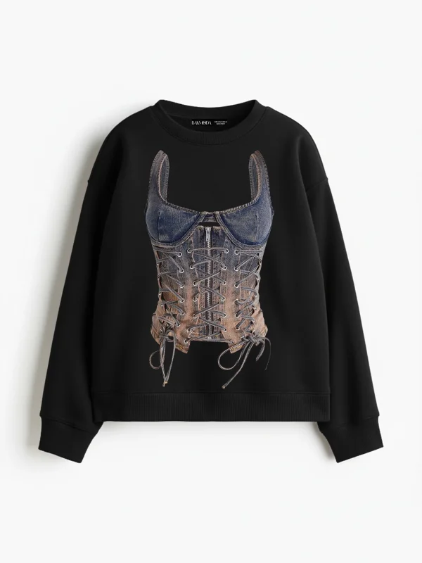 Denim Corset Baskılı Kapüşonsuz Relaxed Fit Kadın Siyah Sweatshirt