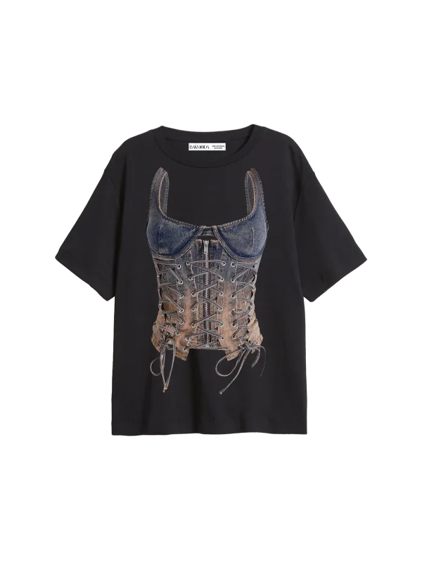 Denim Corset Baskılı Relaxed Fit Siyah Kadın Tshirt