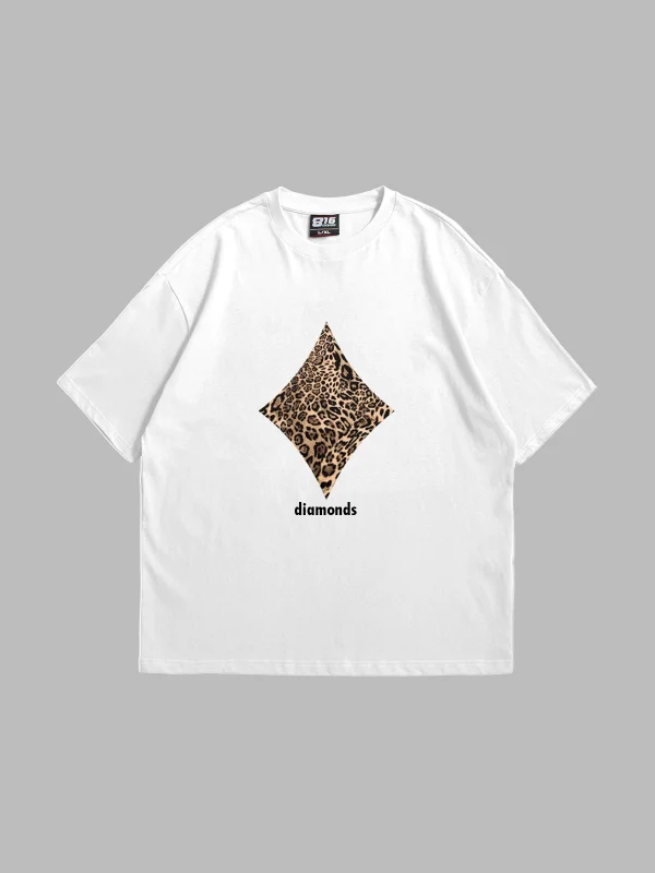 Diamonds Leopar Baskılı Oversize Unisex Premium Beyaz Tshirt