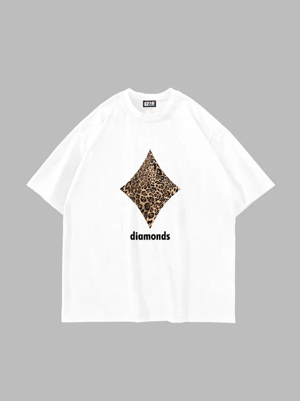 Diamonds Leopar Baskılı Oversize Unisex Premium Beyaz Tshirt