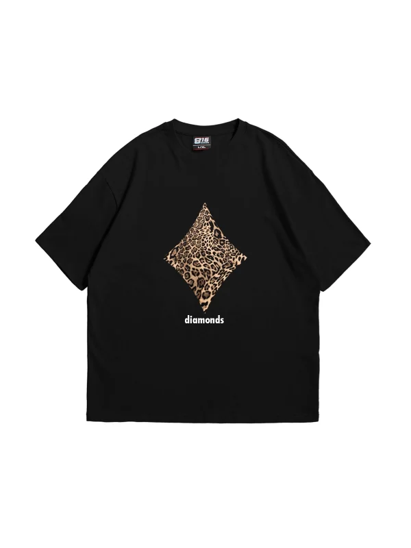Diamonds Leopar Baskılı Oversize Unisex Premium Siyah Tshirt